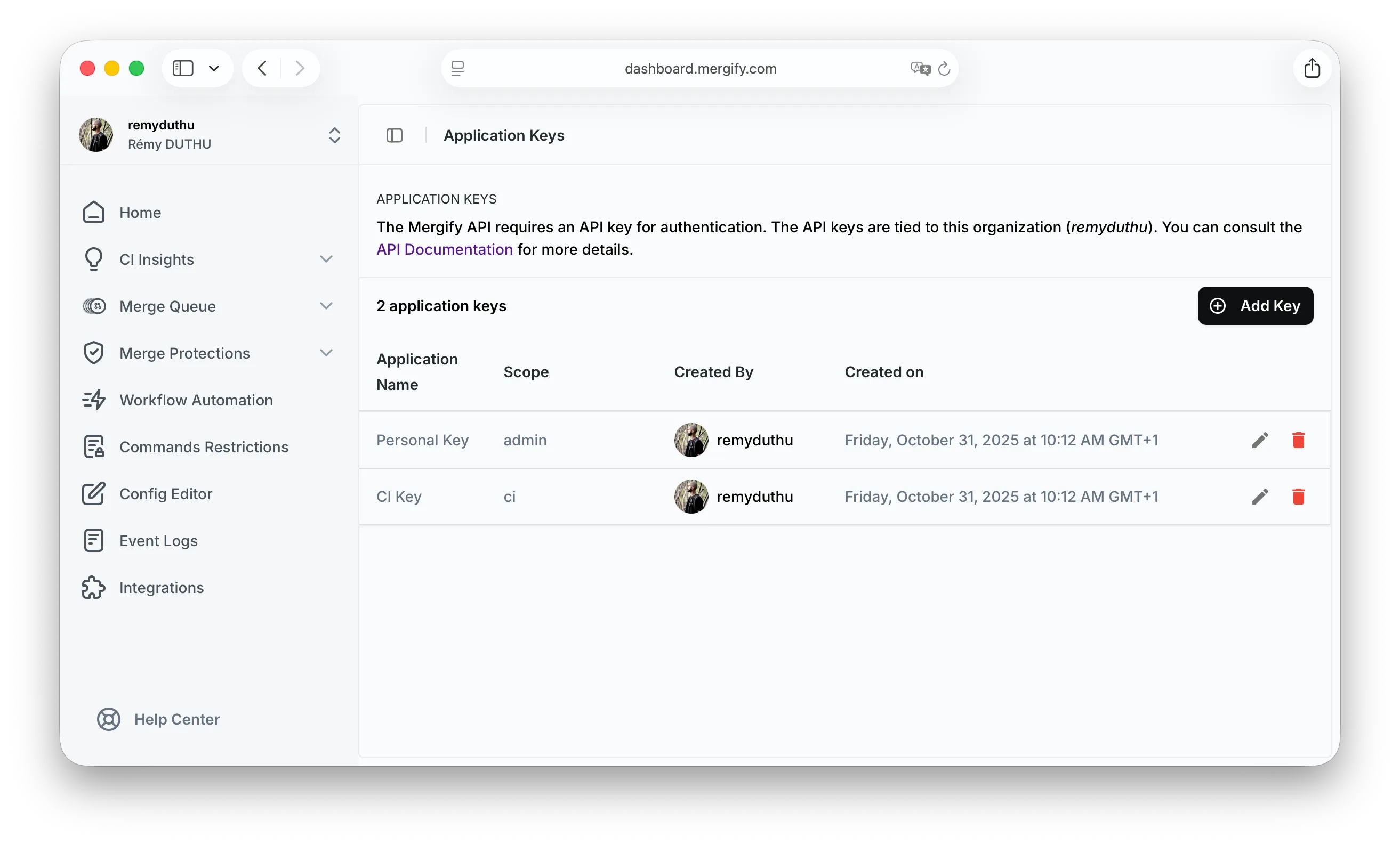 Application key token